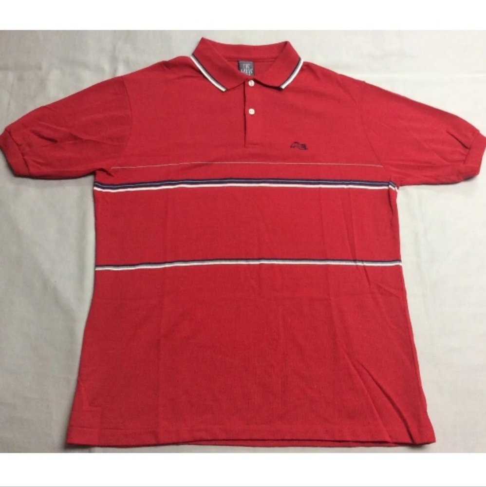 VINTAGE 80S THE GARAN MAN RED STRIPED POLO GOLF SHIRT MENS LARGE MADE IN USA